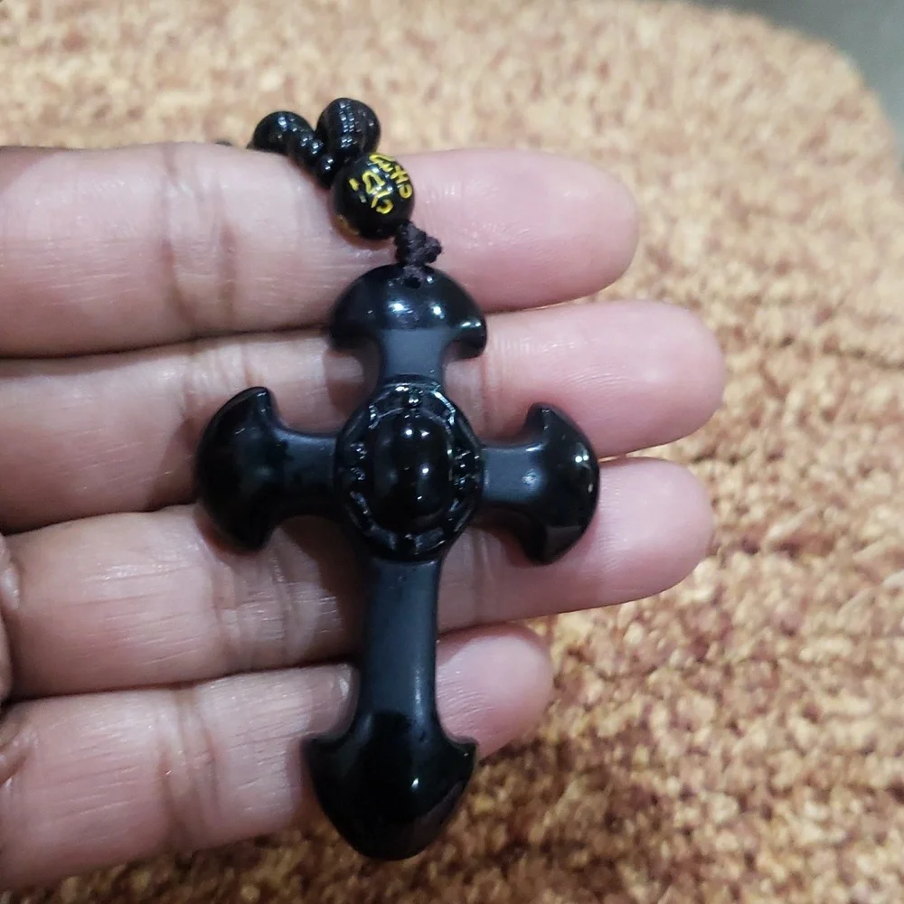 Natural crystal black obsidian cross necklace Amulet pendant with chain - Picture 7 of 10